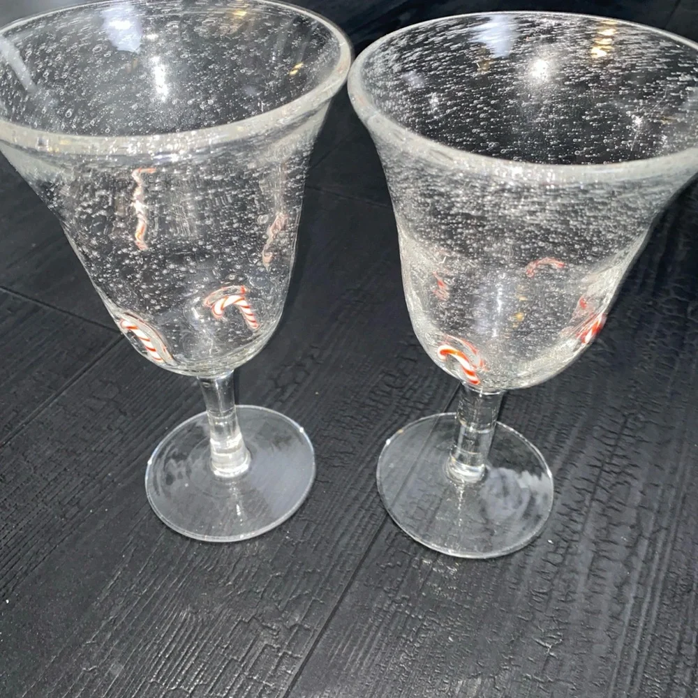 ARTLAND GOBLETS‎ Holiday Candy Canes Clear Seeded Bubble Hand-Blown Glass Set 2